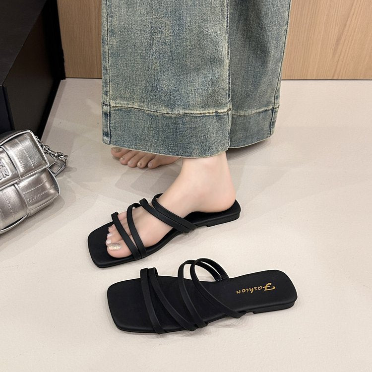 Damen flache Riemchen-Sandalen mit quadratischer Spitze EB