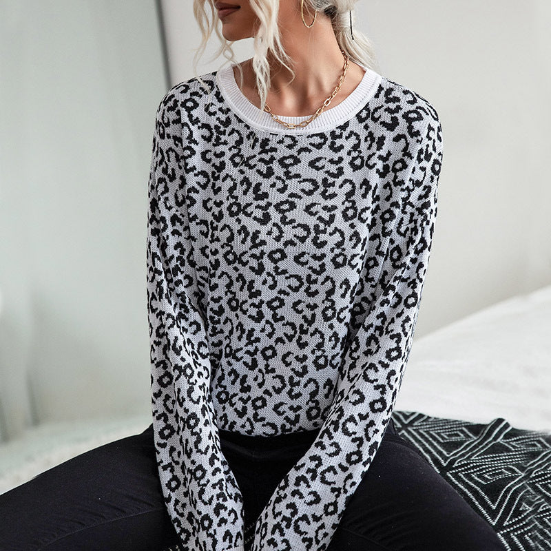 Damen Gemusterter Strickpullover mit Leopardenmuster EB
