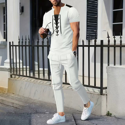 Herren modisches Kurzarm-Henley-T-Shirt mit strukturiertem Design und dekorativer Schnürung EB