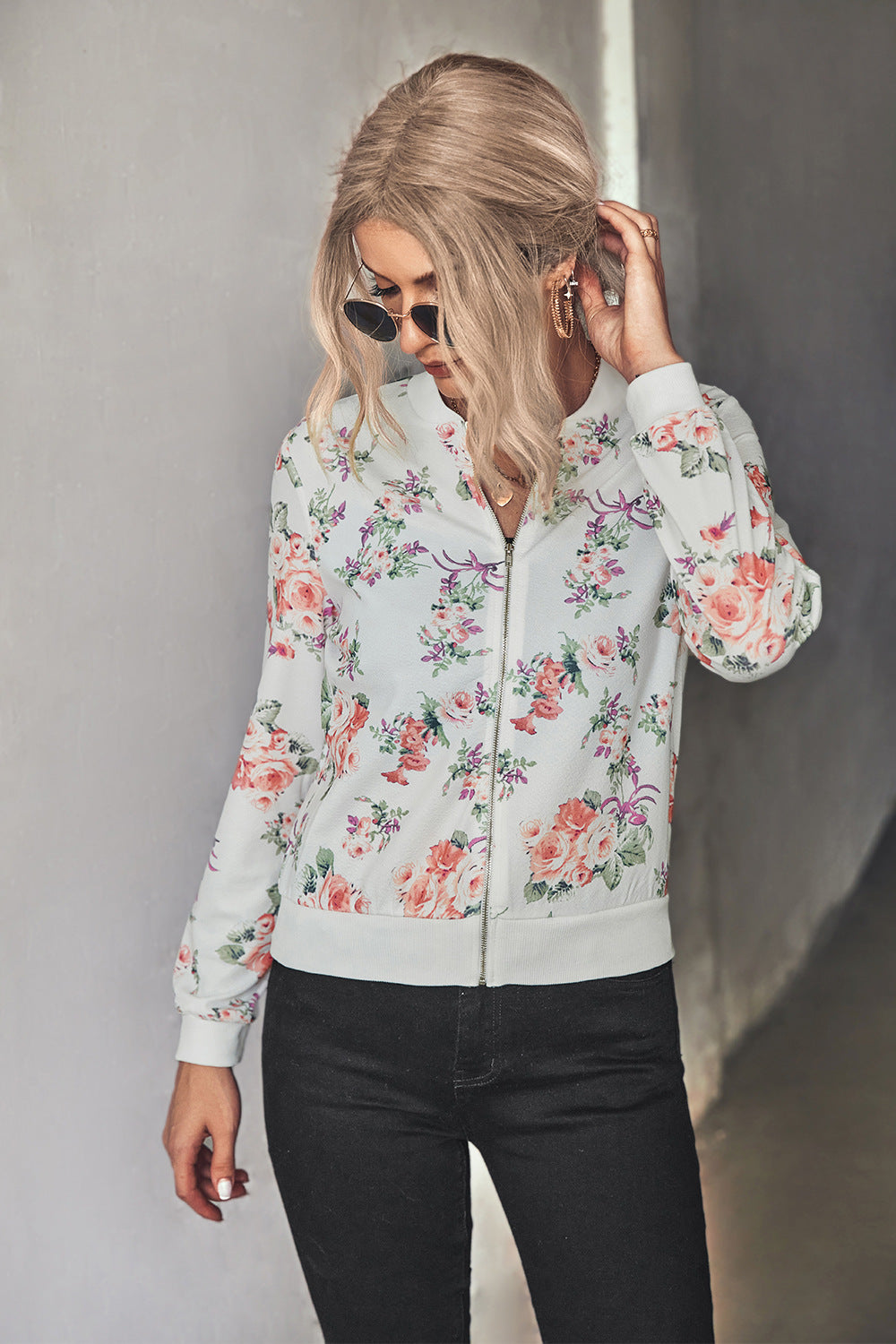 Damen Blütenmuster Freizeitjacke mit Reißverschluss und elastischen Bündchen EB