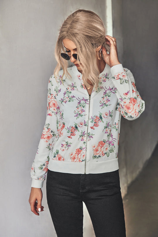 Damen Blütenmuster Freizeitjacke mit Reißverschluss und elastischen Bündchen EB