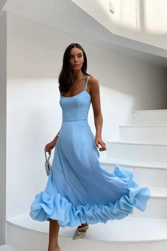 Damen Midi-Kleid mit zarten Spaghetti-Trägern und voluminösem Rüschensaum EB