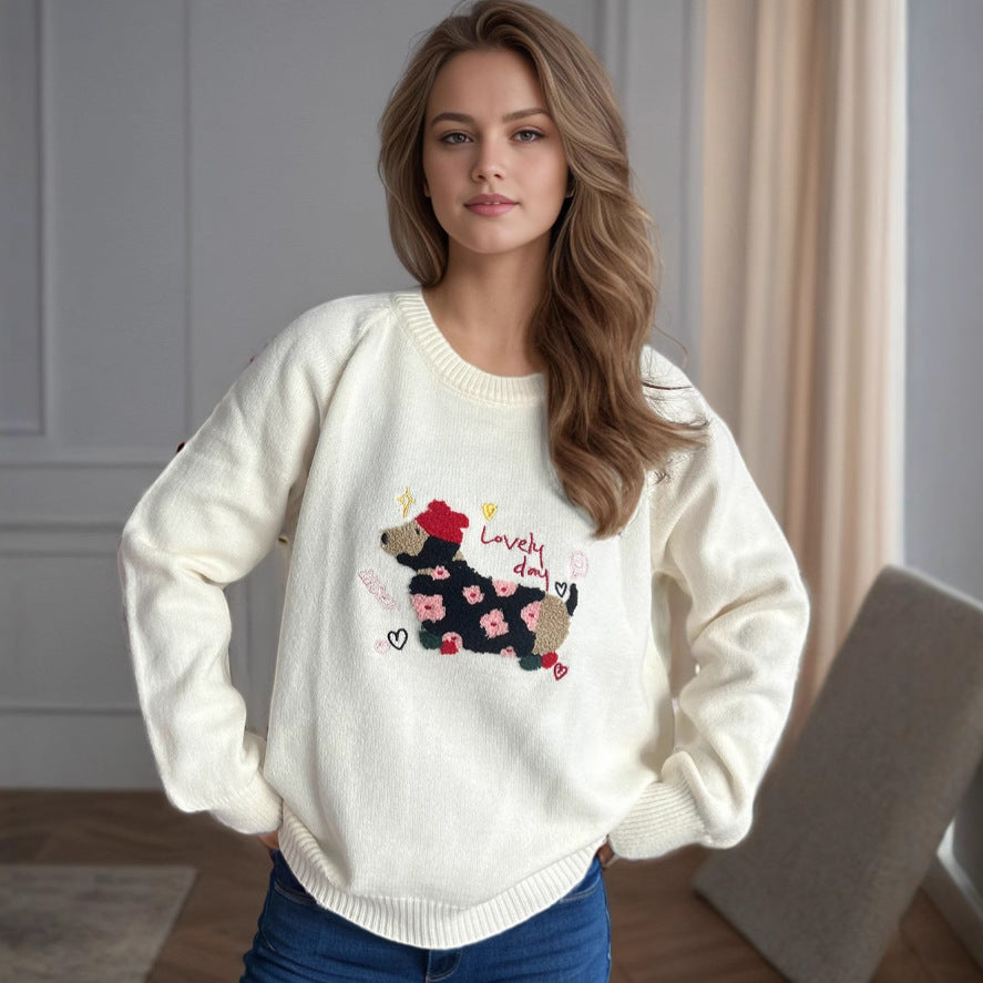 Damen Pullover mit tierischem Motiv und dekorativen Stickereien EB