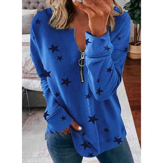 Damen Lässiger Sweatshirt mit Reißverschluss und Sternenmotiv EB