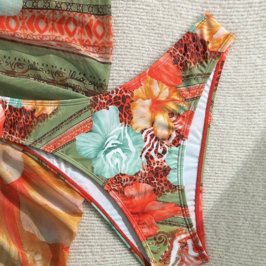 Damen Florales Bikini-Set mit Kombination aus Oberteil und Wickeltuch EB
