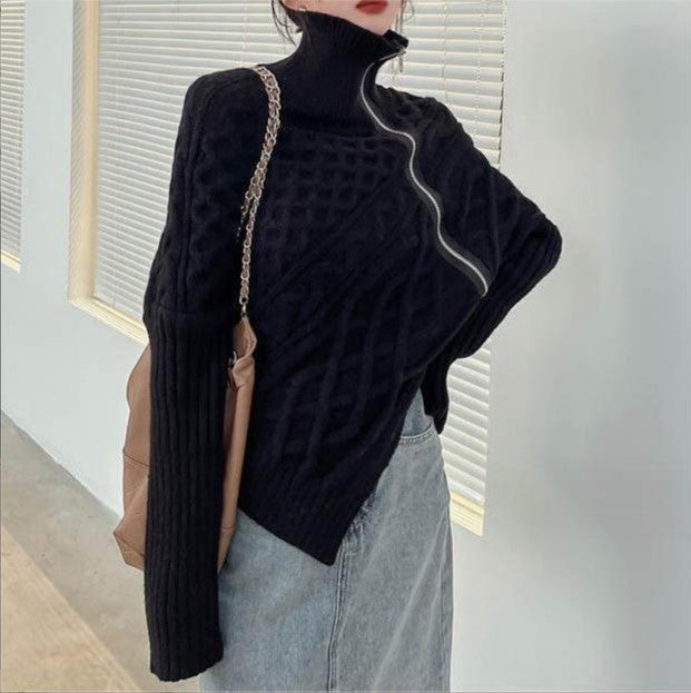Damen hochwertiger Strickpullover mit hohem Kragen und asymmetrischem Design EB