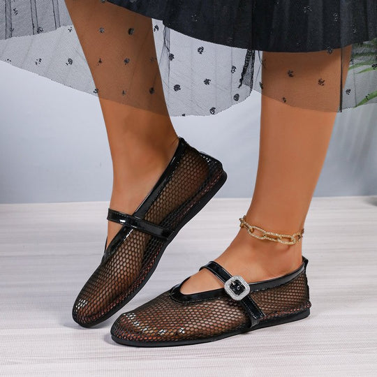 Damen atmungsaktive Ballerinas mit modischem Lochmuster und komfortablem Riemen EB