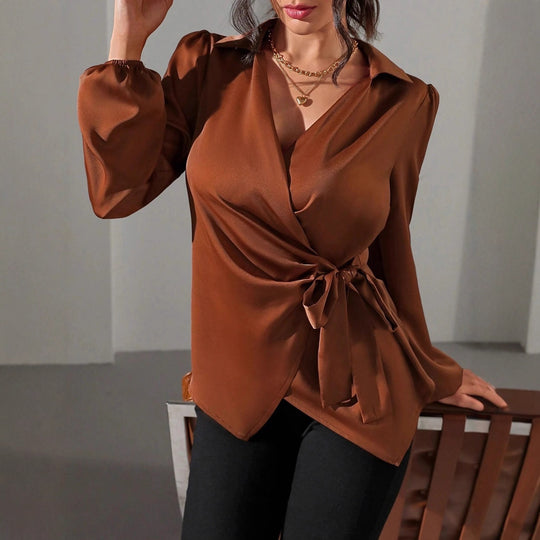 Damen Wickelbluse mit elegantem Taillengürtel und Puffärmeln EB