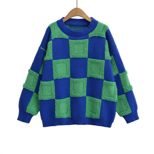 Damen modischer Strickpullover mit grafischem Blockmuster EB