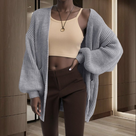 Damen Offener Strickcardigan mit voluminösen Ärmeln und praktischen Taschen EB