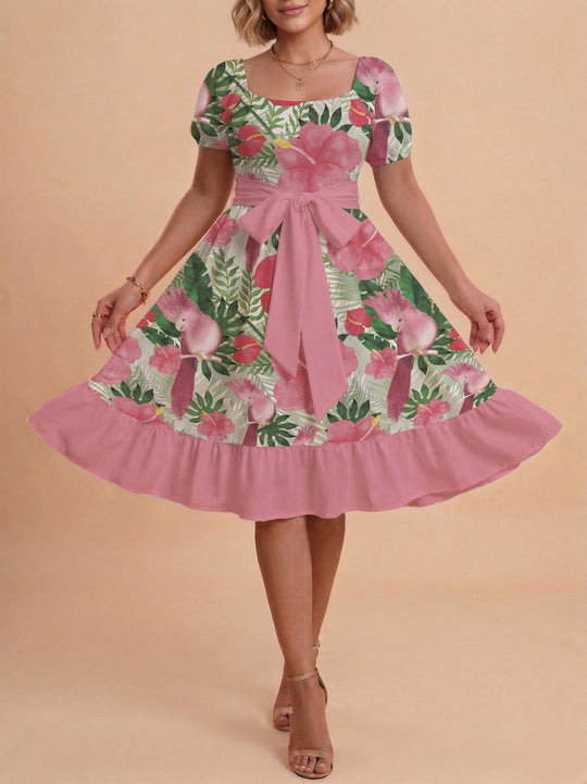 Damen Sommerkleid mit floralem Puffärmel und taillierbarem Gürtel EB