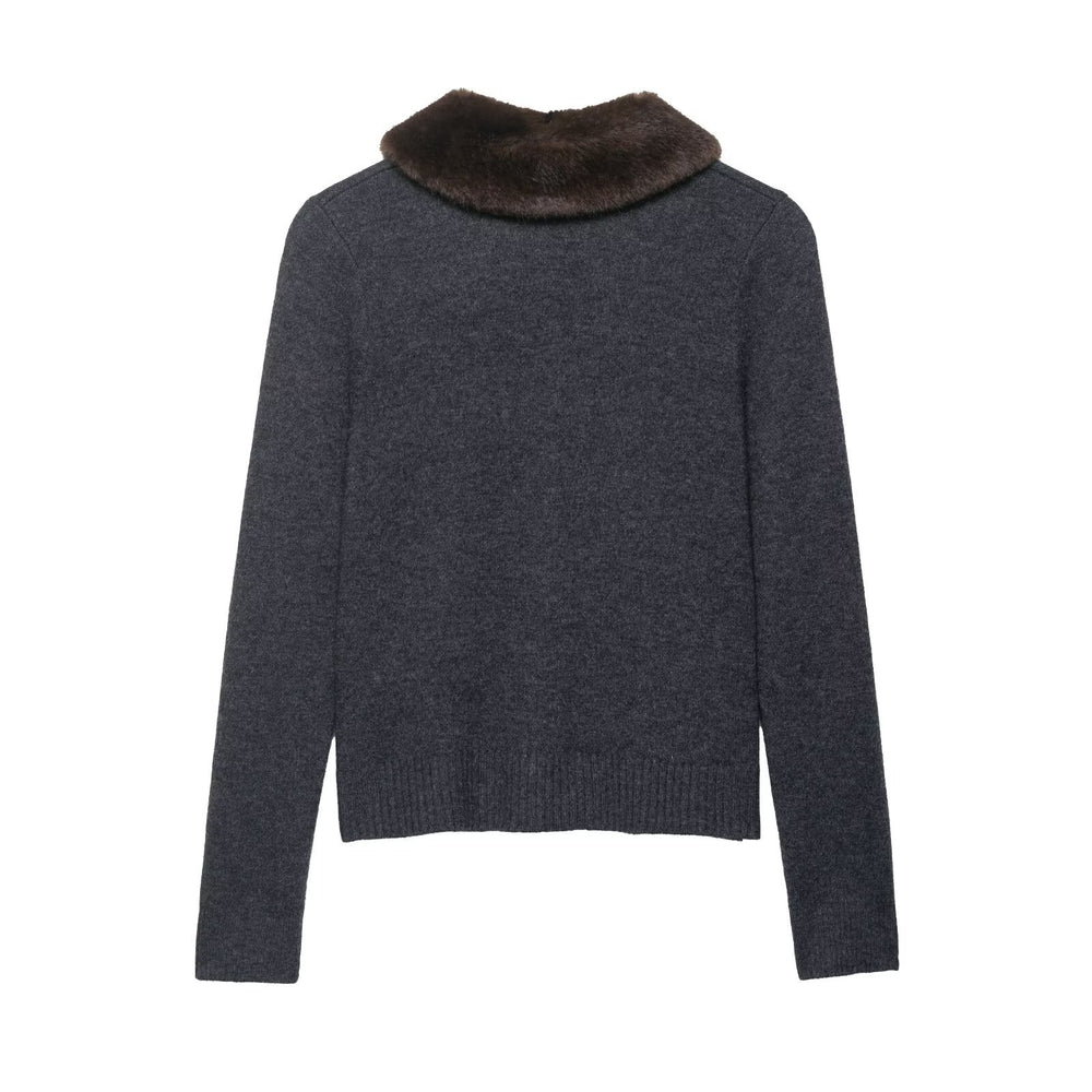 Damen elegante Strickjacke mit abnehmbarem Kragen EB