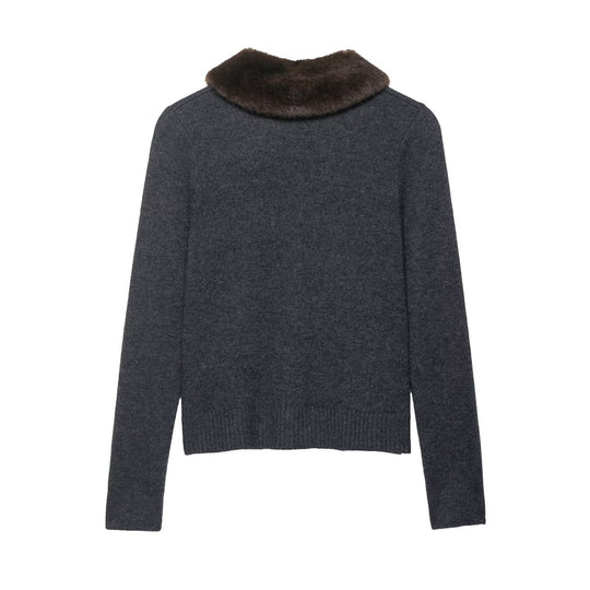 Damen elegante Strickjacke mit abnehmbarem Kragen EB
