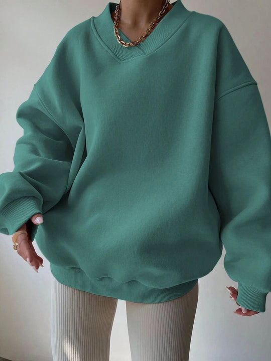 Damen Oversized V-Ausschnitt Sweatshirt mit verstärktem Rippkragen und extraweitem Cut EB