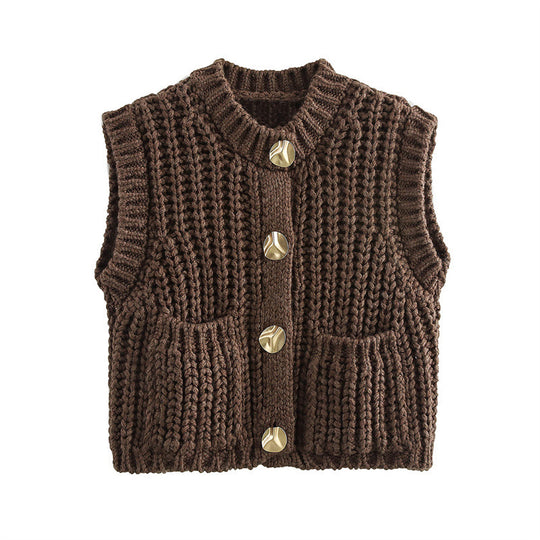 Damen Strickweste mit Knopf und Taschen EB