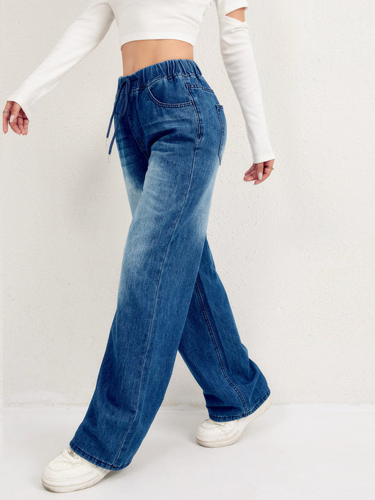 Damen weite Denim-Hose mit elastischem Bund und lässigem Schnitt EB