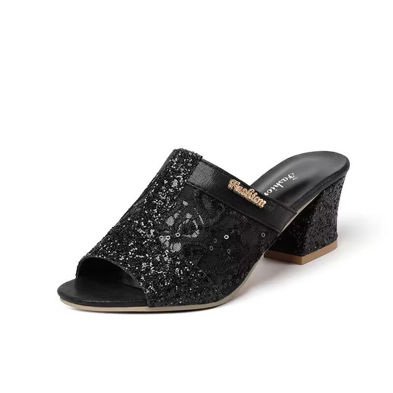 Damen nan elegante offene Pantolette mit feinem Netz, funkelnden Applikationen und mittelhohem Blockabsatz EB