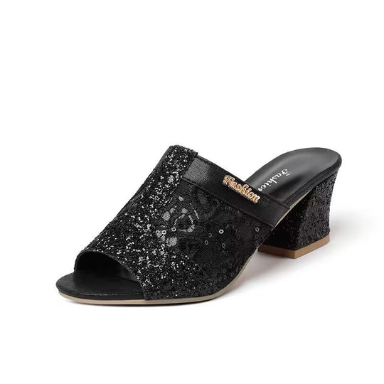 Damen nan elegante offene Pantolette mit feinem Netz, funkelnden Applikationen und mittelhohem Blockabsatz EB