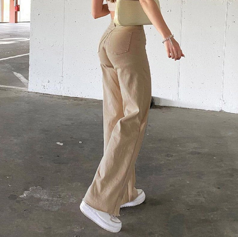 Damen nan hochgeschnittene Weitbein-Hose aus Baumwollmix mit verlängertem Bein und Fünf-Taschen-Design EB