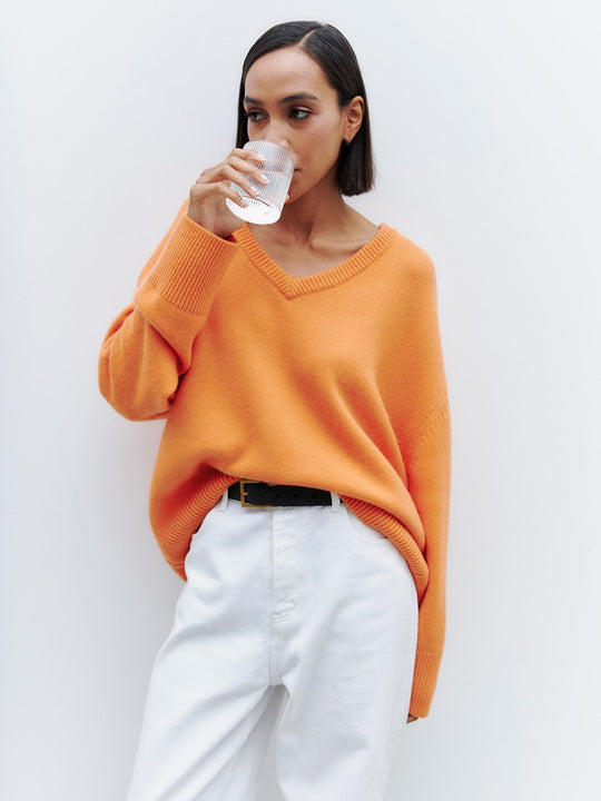 Damen Oversized V-Ausschnitt Strickpullover EB