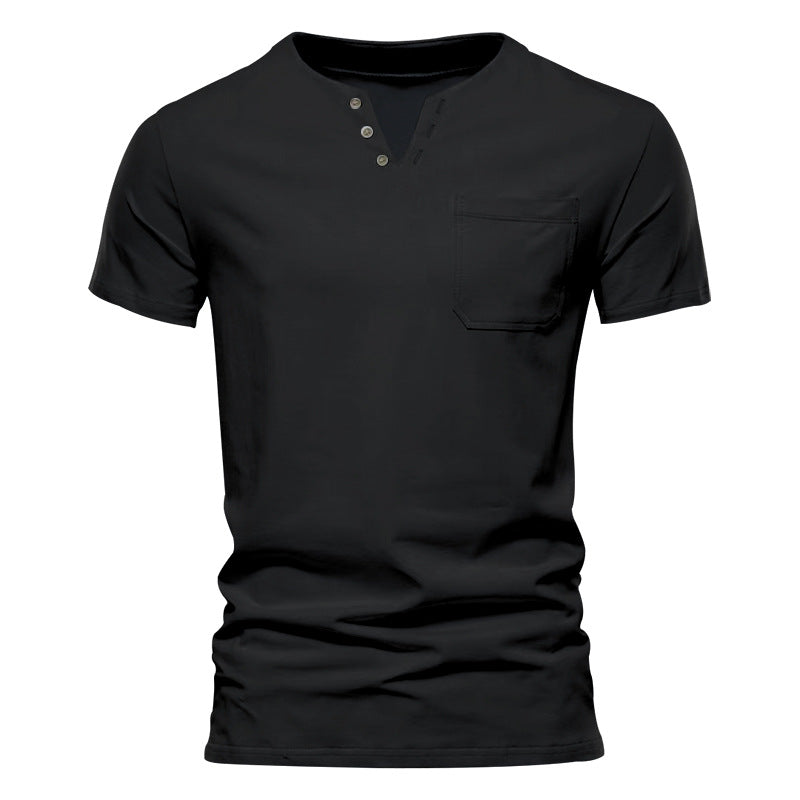 Herren Kurzarm-Henley-T-Shirt mit praktischer Brusttasche und anpassbarem Knopfverschluss EB