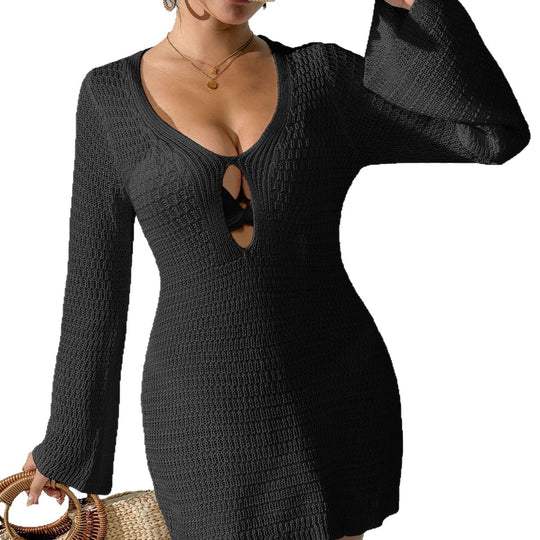 Damen luftiges Strickkleid mit tiefem V-Ausschnitt und modischem Schlitz EB