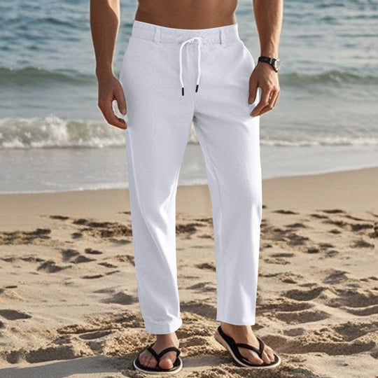 Herren nan leichte Leinen-Loungehose mit elastischem Tunnelzugbund, Kordelzug und weitem Bein EB