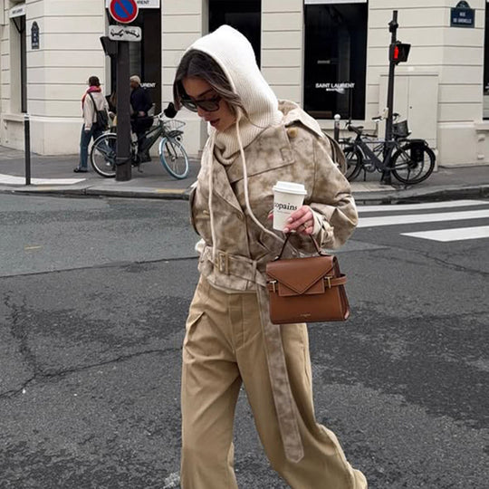 Damen modische Trenchcoat-Jacke mit Gürtel und Kapuze EB