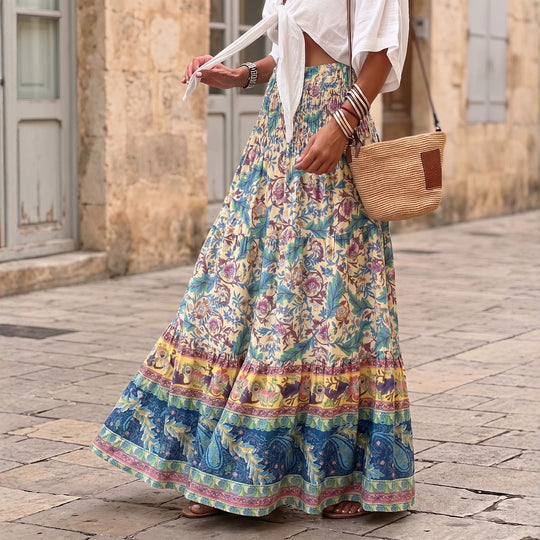 Damen nan gestufter Maxirock mit floralem Print, elastischem Smockbund und Volantkanten EB