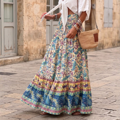 Damen nan gestufter Maxirock mit floralem Print, elastischem Smockbund und Volantkanten EB