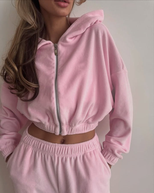 Damen nan Samt-Loungewear-Zweiteiler mit kurzem Frontzip, elastischem Komfortbund und weitem Hosenbein EB