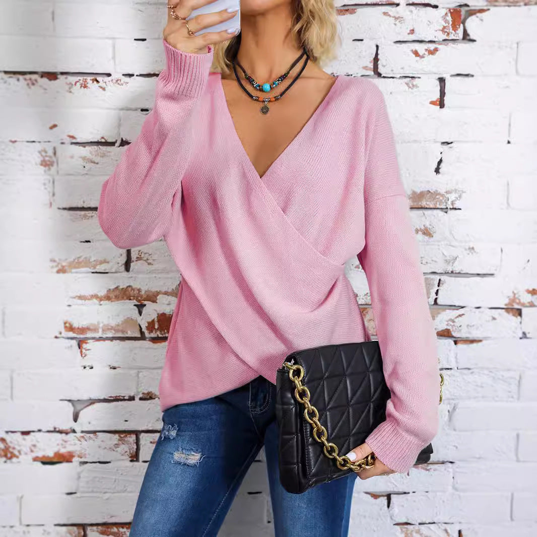 Damen Wickelpullover mit V-Ausschnitt und weitem Schnitt EB