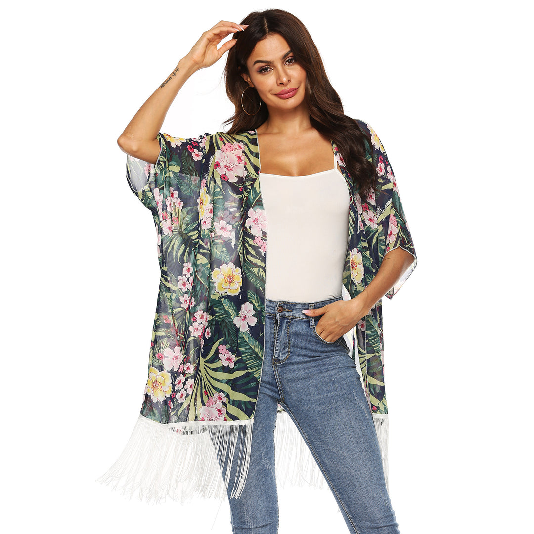 Damen Kimono mit floralem Design und Fransen EB