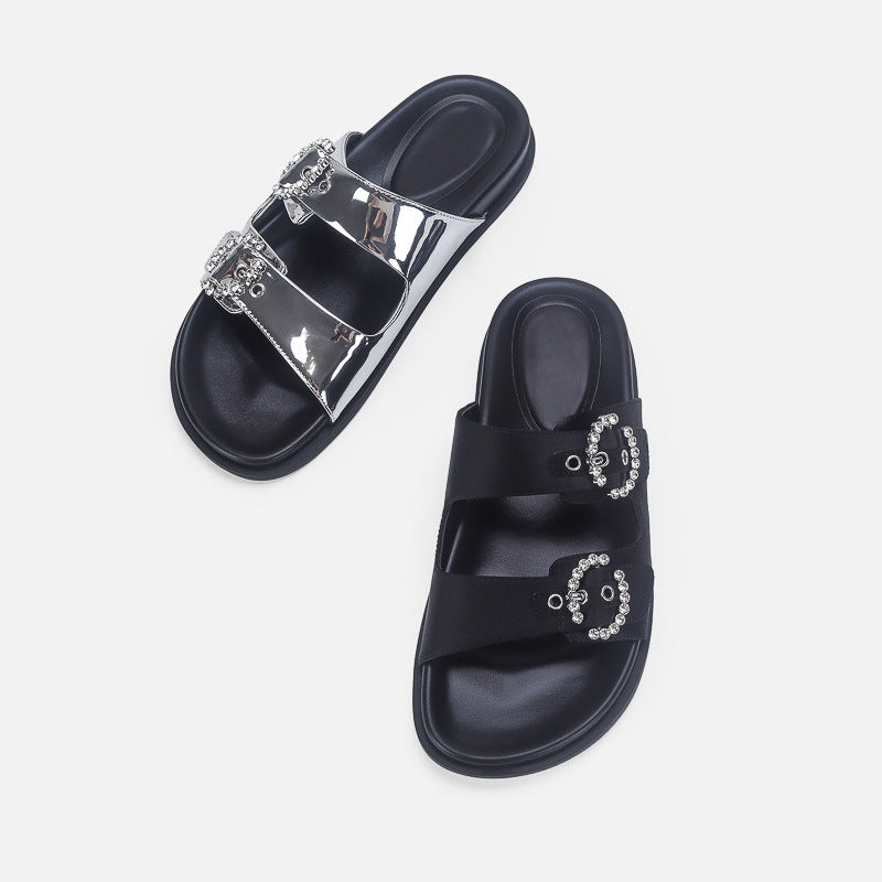 Damen Elegante Sandalen mit glitzernden Riemen und verstellbarem Schnallenverschluss EB