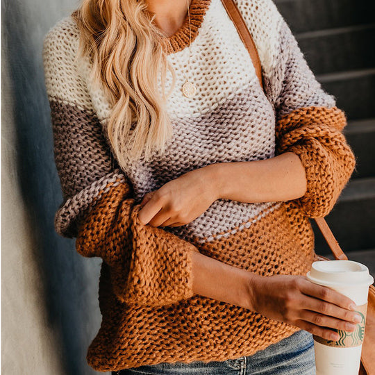 Damen lässiger Pullover mit weitem Schnitt und modischem Farbblockdesign EB
