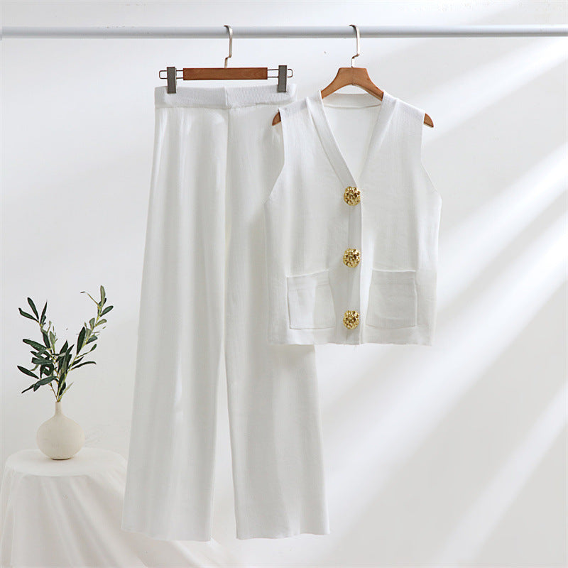 Damen elegantes Strick-Loungewear-Set mit Knopfdetaillierung EB