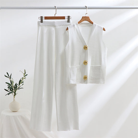 Damen elegantes Strick-Loungewear-Set mit Knopfdetaillierung EB