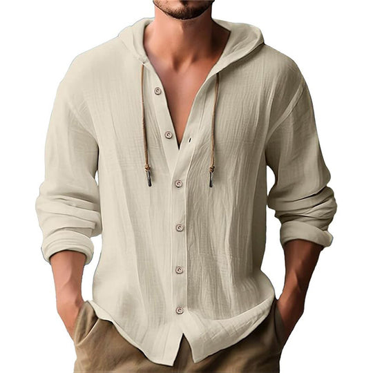 Herren lässiges Kapuzenshirt aus atmungsaktiver Baumwolle mit Knopfleiste und verstellbarem Kordelzug EB