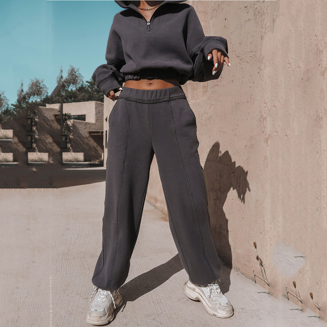 Damen nan kurzes Kapuzen-Sweatshirt mit halbem Reißverschluss elastischem Saum und Kontrastnähten EB