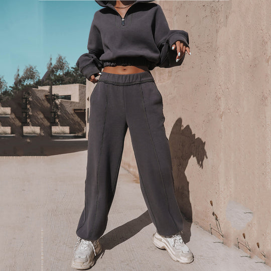 Damen nan kurzes Kapuzen-Sweatshirt mit halbem Reißverschluss elastischem Saum und Kontrastnähten EB