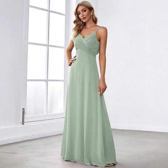 Damen nan fließendes Chiffon-Abendkleid mit überkreuzter Drapage, Empire-Taille und feinen Spaghettiträgern EB