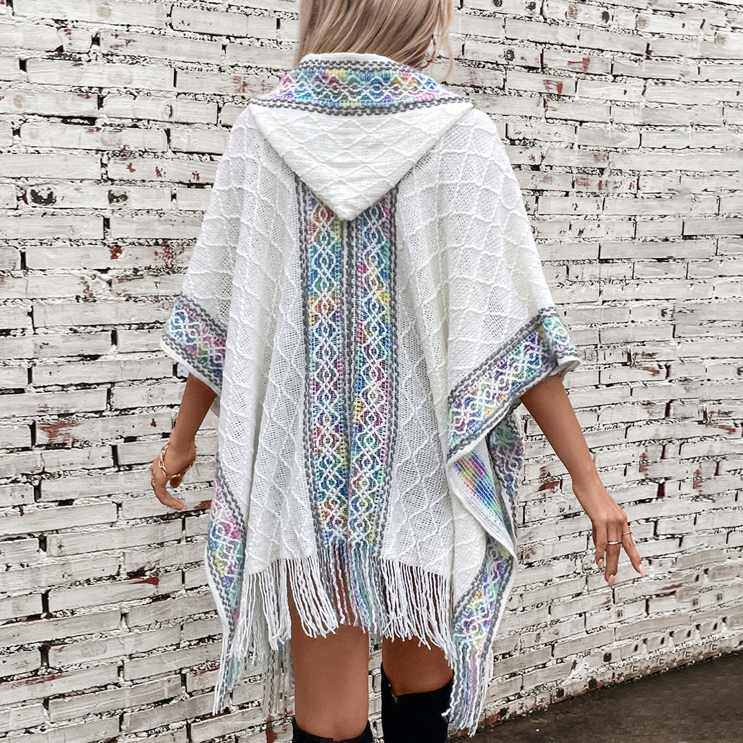 Damen eleganter Poncho mit hochwertigem Strukturdesign und Fransen EB