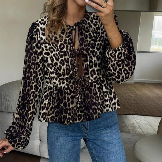 Damen Bluse mit Leopardenprint, Bindebändern und Ballonärmeln EB