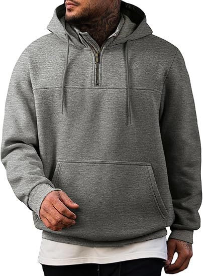Herren nan Kapuzenpullover mit halbem Reißverschluss, Kängurutasche und gerippten Bündchen EB