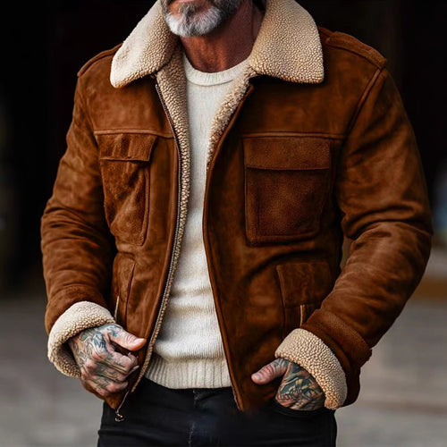Herren nan Aviator-Lederjacke mit Lammfellimitat-Futter, aufgesetzten Brusttaschen und Reißverschluss EB