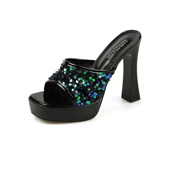 Damen glamouröse Plateau-Pumps mit funkelnden Paillettendetails EB