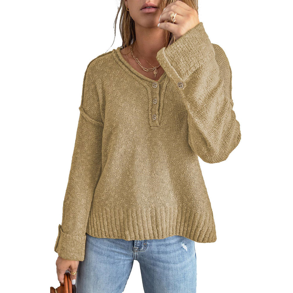 Damen lässiger Strickpullover mit Knopfleiste und weitem Schnitt EB
