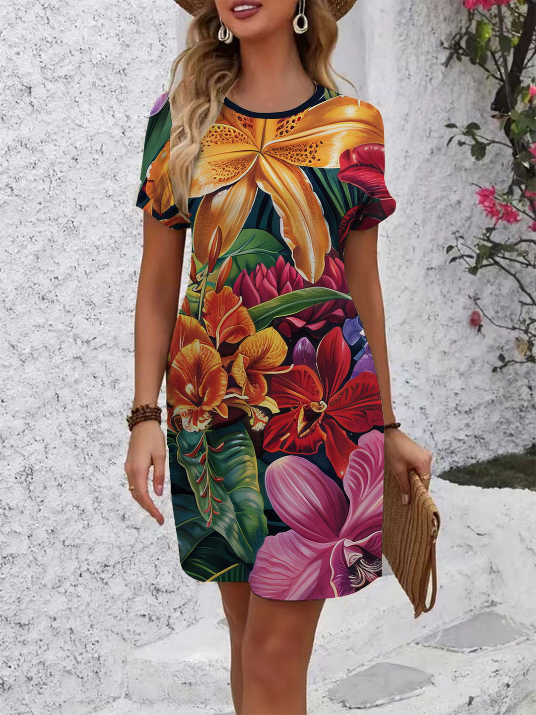 Damen komfortables Freizeitkleid mit lebhaftem Blumenmuster und lockerer Passform EB