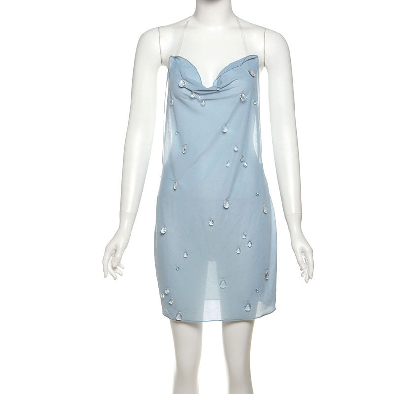 Damen elegantes halterloses Cocktailkleid mit funkelnden Akzenten EB