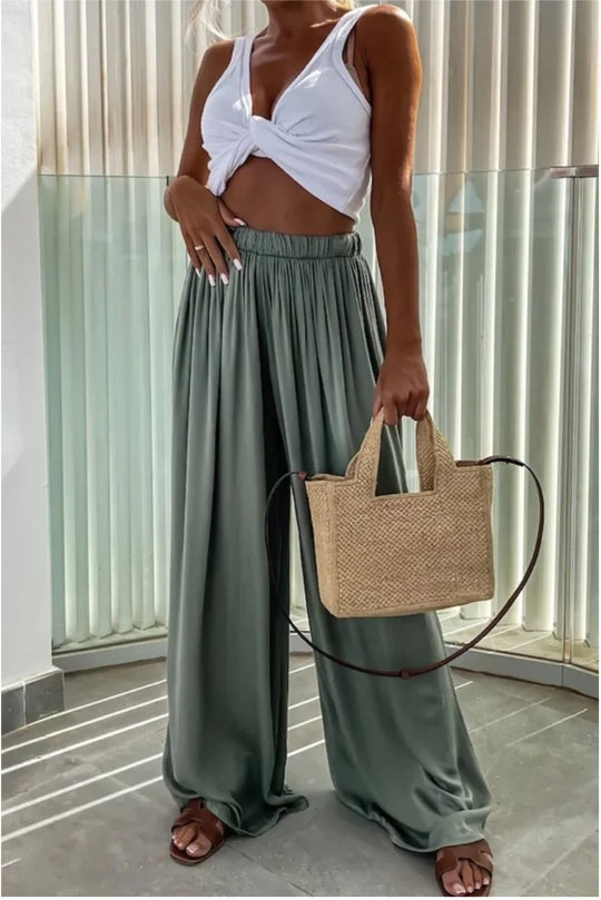 Damen fließende Palazzohose mit elastischem Bund und seitlichen Taschen EB